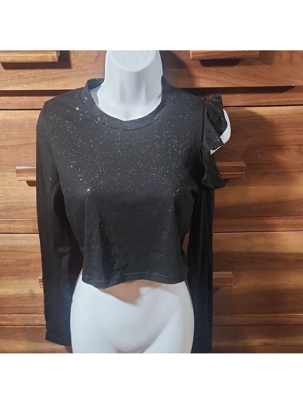 Elegant Black Glitter Ruffle Open Shoulder Cropped Women's Whimsy Blouse Small